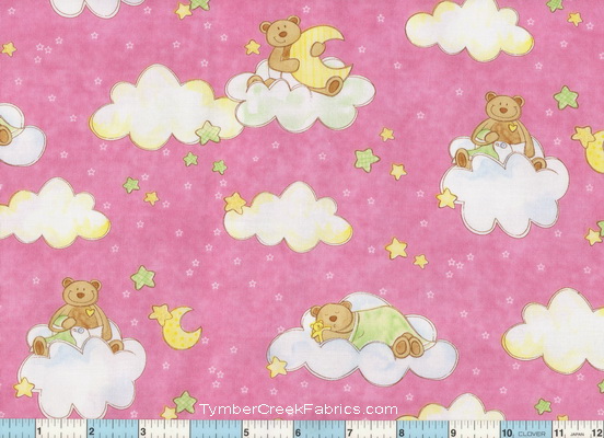 Button Up Bear Clouds Pink Fabric